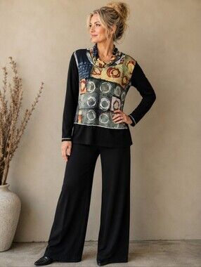Art by Dolcezza Abstract Print Cowl Neck Top Made in Canada Long Sleeve L XL